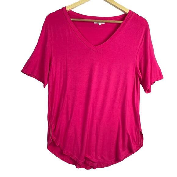 PIKO Bamboo Hot Pink V Neck Short Sleeve Oversized Relaxed Womens T-Shirt Small - Picture 1 of 7